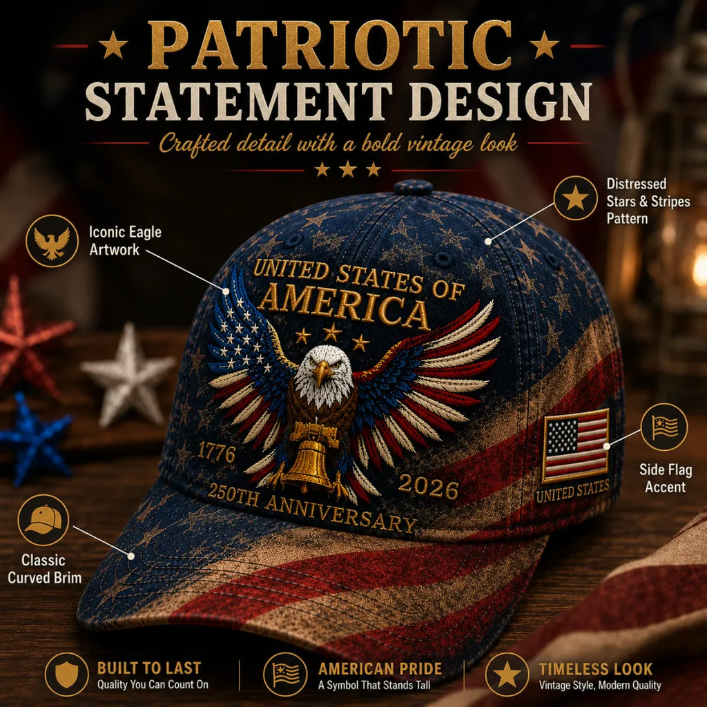 🎉Patriotic 4th of July ❤️ 🇺🇸 Premium Crafted USA 250th Anniversary Patriotic Eagle Cap