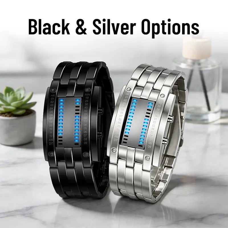 🎁🔥Binary LED Digital Watch, Square Face with Stainless Zinc Alloy Band, Unisex Casual Timepiece